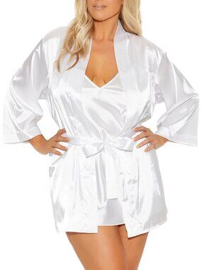 Plus Size White Satin Charmeuse Kimono Robe 3/4 Sleeve Detachable Belt